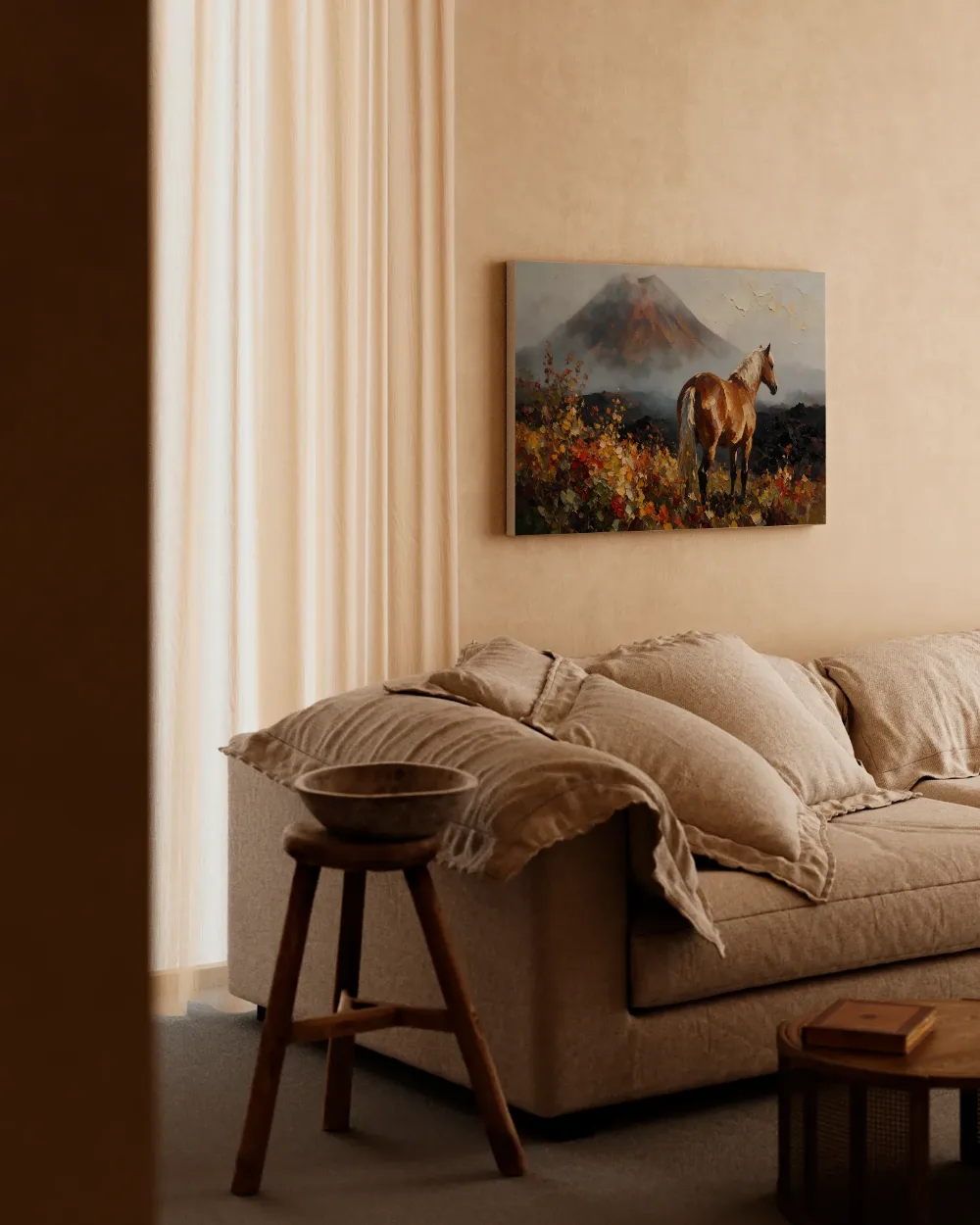 Vulkaan donker in de ochtendmist in een bloementuin, canvas schilderij uit de collectie vulkanen