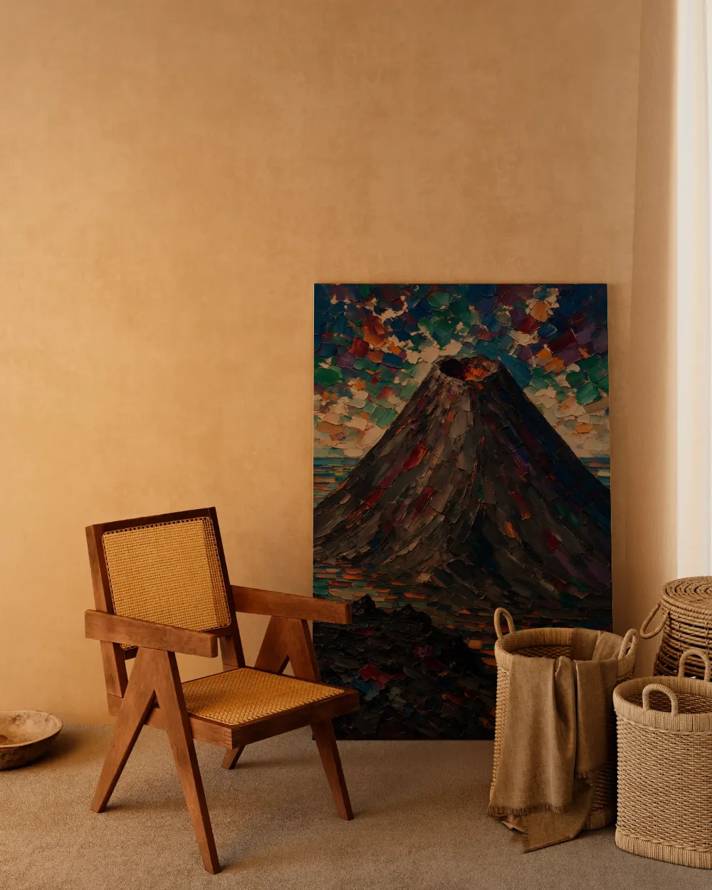 Vulkaan met lavastroom onder een bonte lucht, canvas schilderij uit de collectie vulkanen