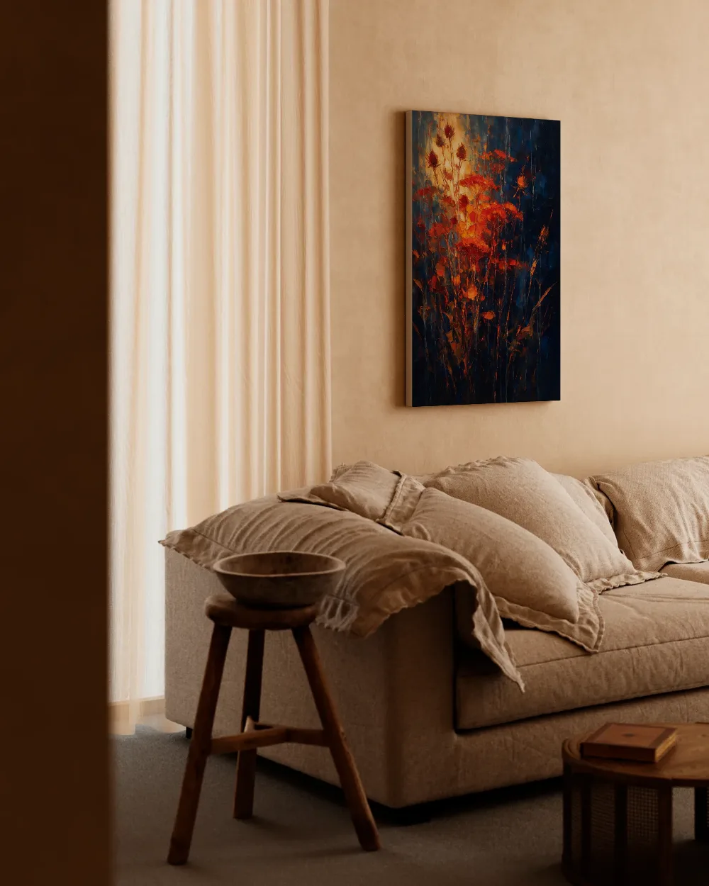 Droogbloem tegen de lucht in vuur, canvas schilderij uit de collectie vuur