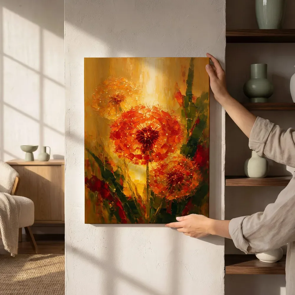 Paardenbloem van dichtbij in vuur, canvas schilderij uit de collectie vuur