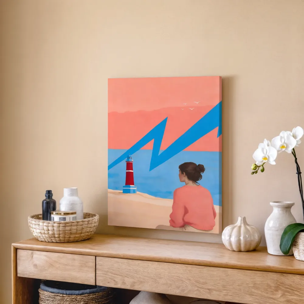 Vuurtoren in hemelsblauw en zalm, canvas schilderij uit de collectie vuurtorens
