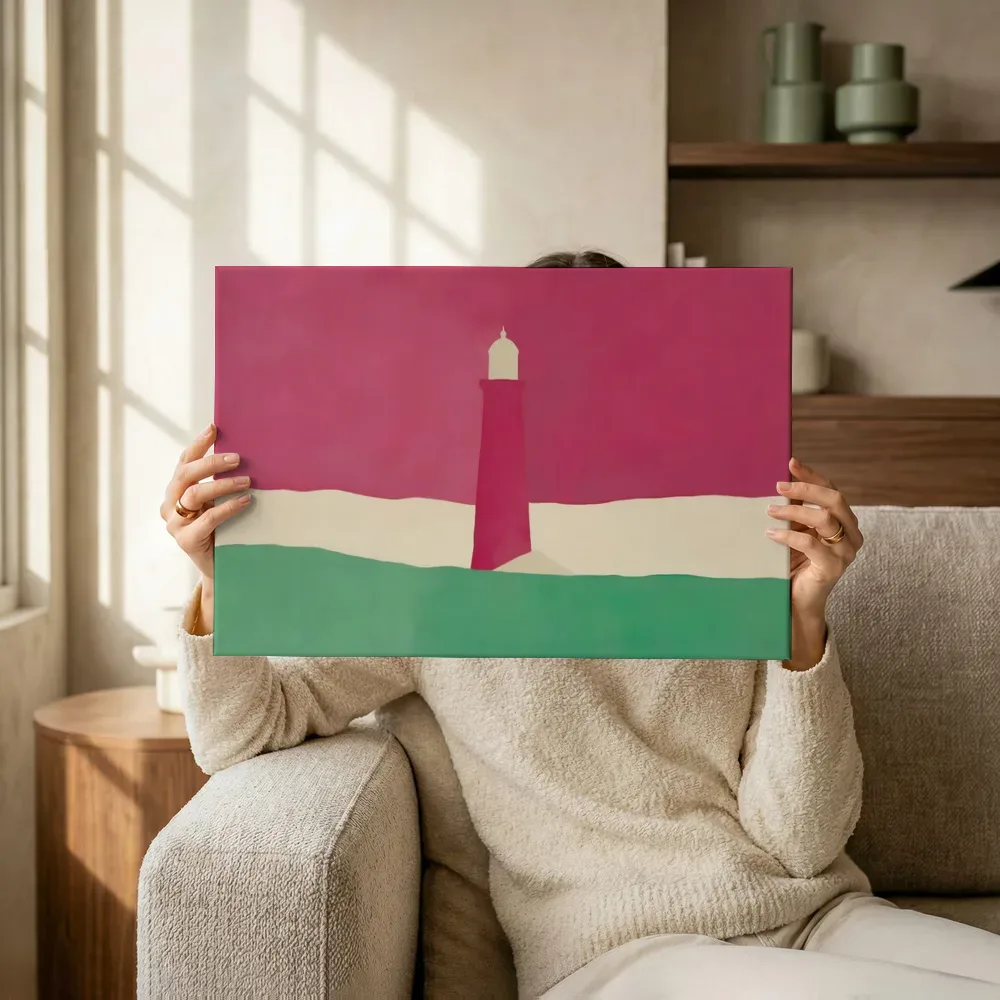 Vuurtoren in framboos en jade, canvas schilderij uit de collectie vuurtorens