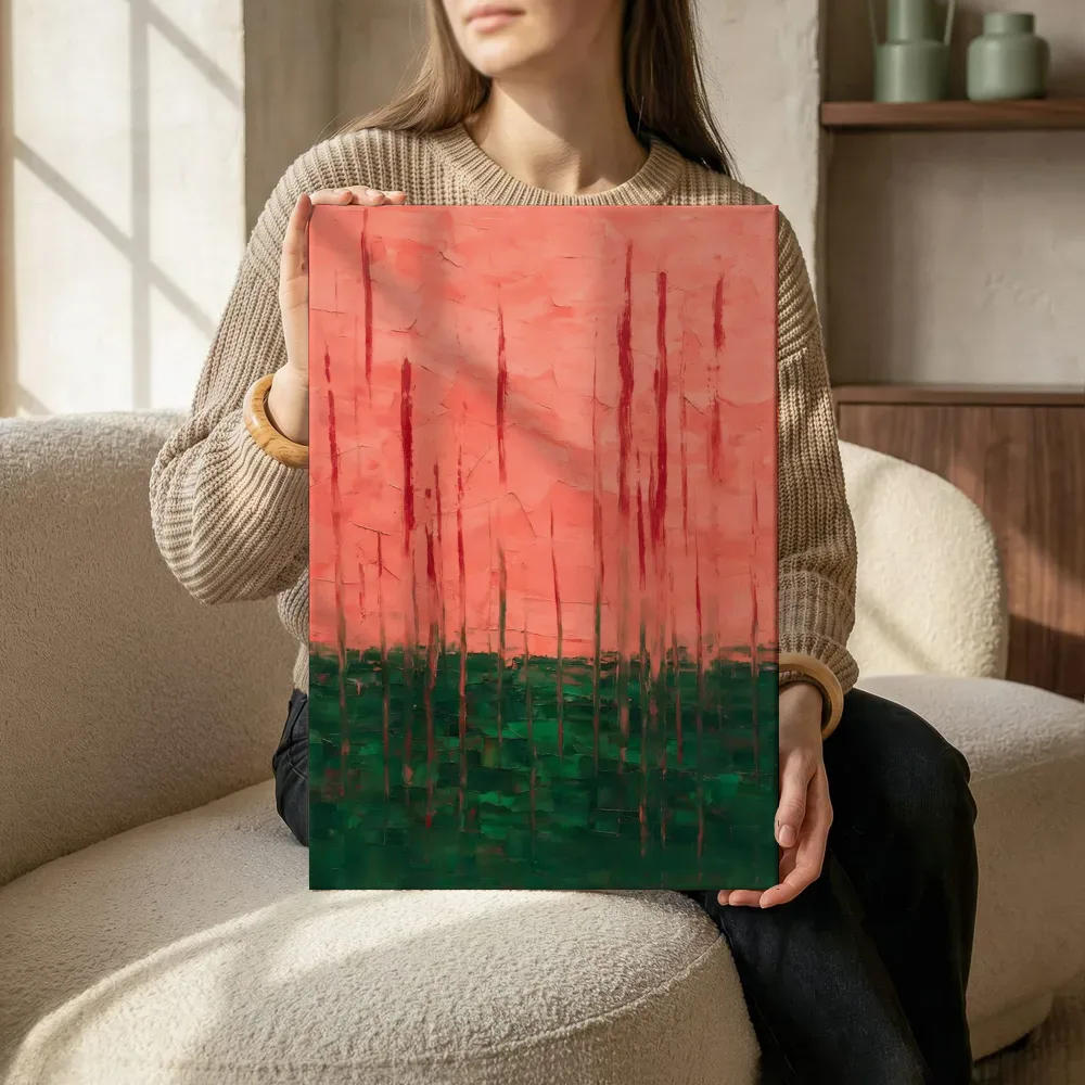 Flessengroen en koraalroze boven laag water, canvas schilderij uit de collectie water