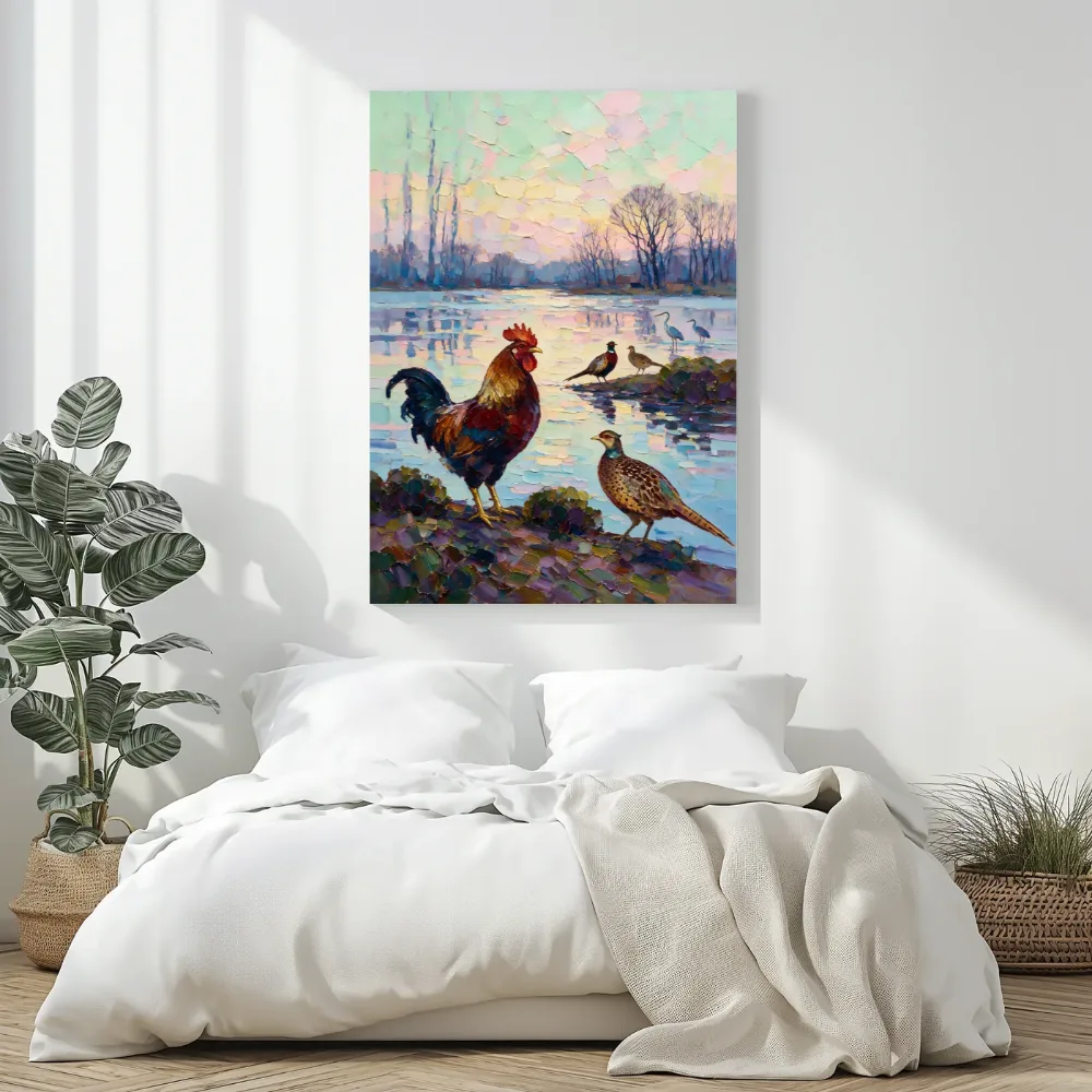 Dieren samen aan de waterkant in saliegroen, canvas schilderij uit de collectie water