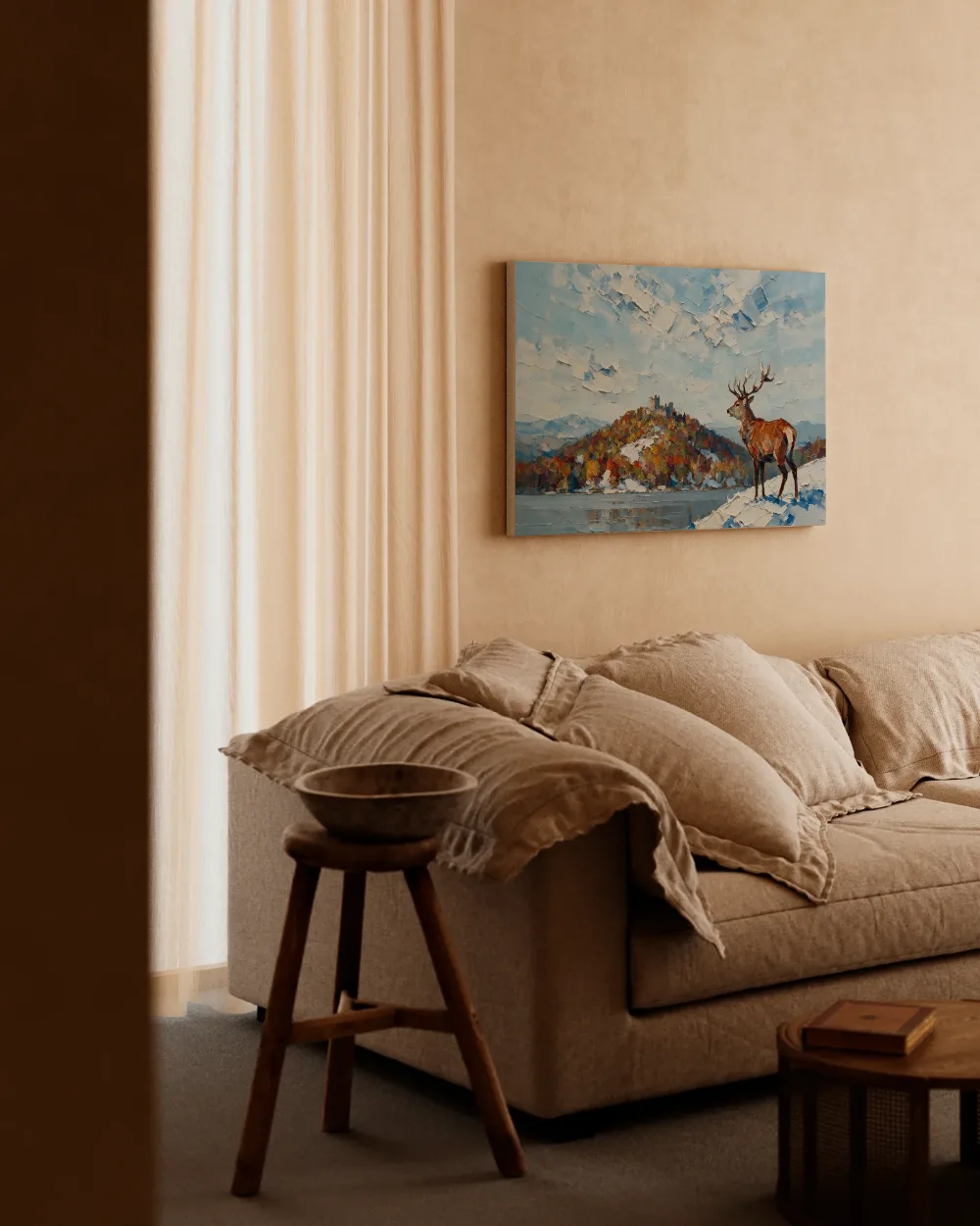 Kasteel donker in het vergezicht in de sneeuw, canvas schilderij uit de collectie weer