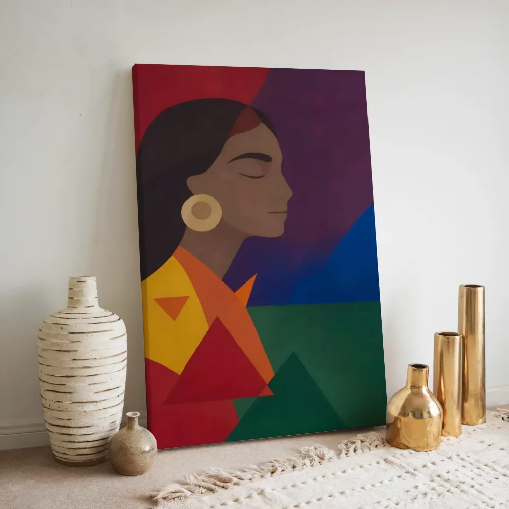 Vrouw met grote oorbel in alle kleuren van de regenboog, canvas schilderij uit de collectie weer