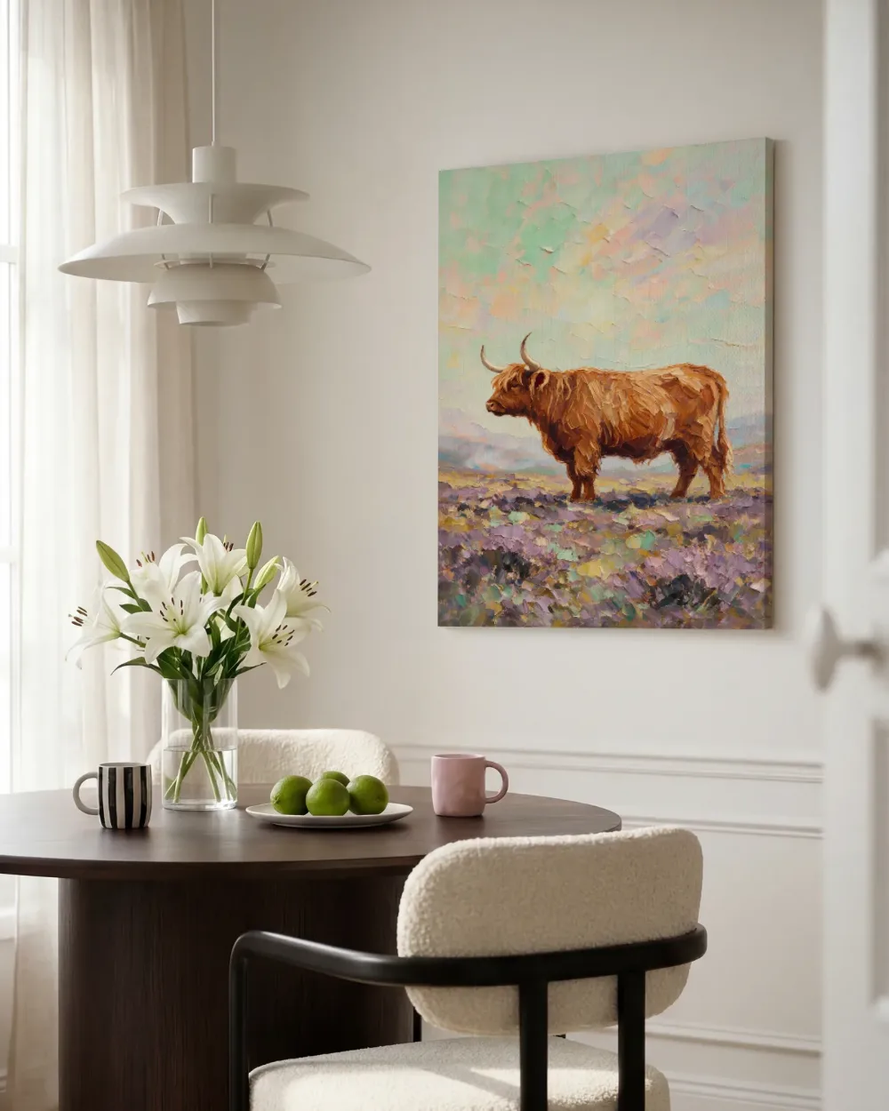 Schotse hooglander in donkere pose in de mist, canvas schilderij uit de collectie weer