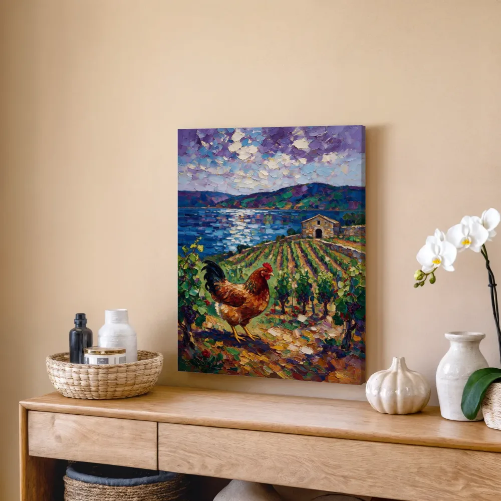 Wijngaard warm in het volle beeld aan het water, canvas schilderij uit de collectie wijngaard & boomgaard