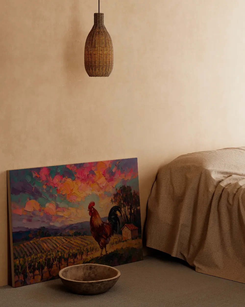 Wijngaard licht in het vergezicht tussen de bomen, canvas schilderij uit de collectie wijngaard & boomgaard