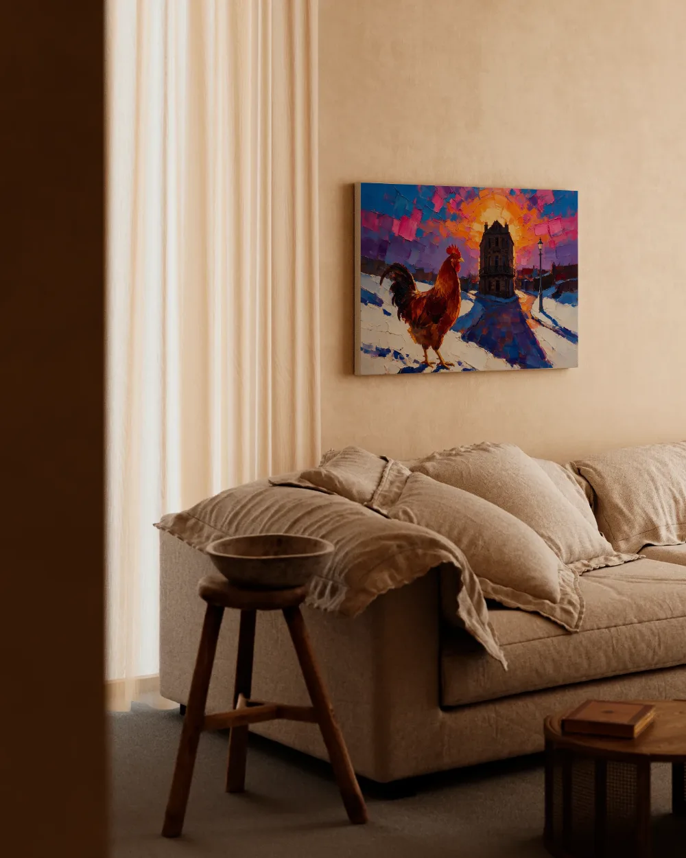 Parijse gevel in helder tegenlicht in de sneeuw, canvas schilderij uit de collectie winter
