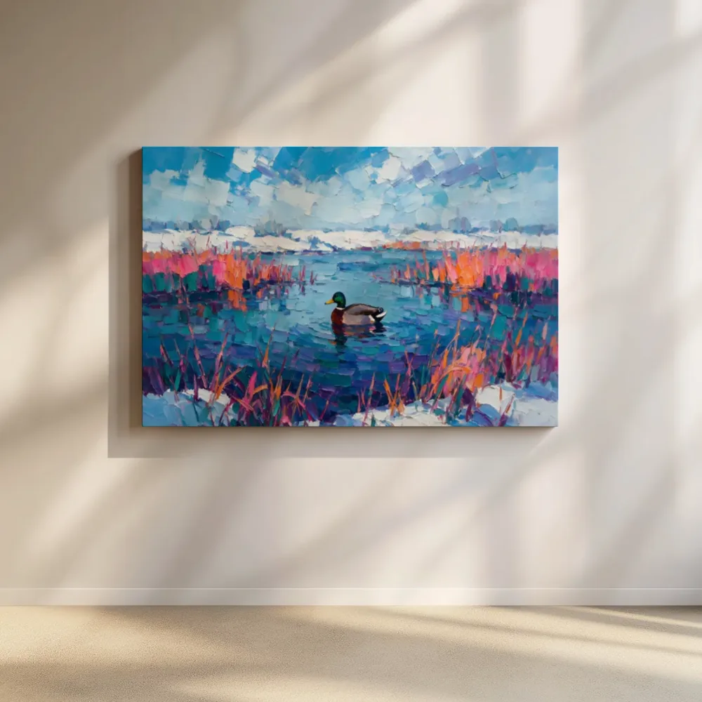 Eend donker in het landschap in de sneeuw, canvas schilderij uit de collectie winter