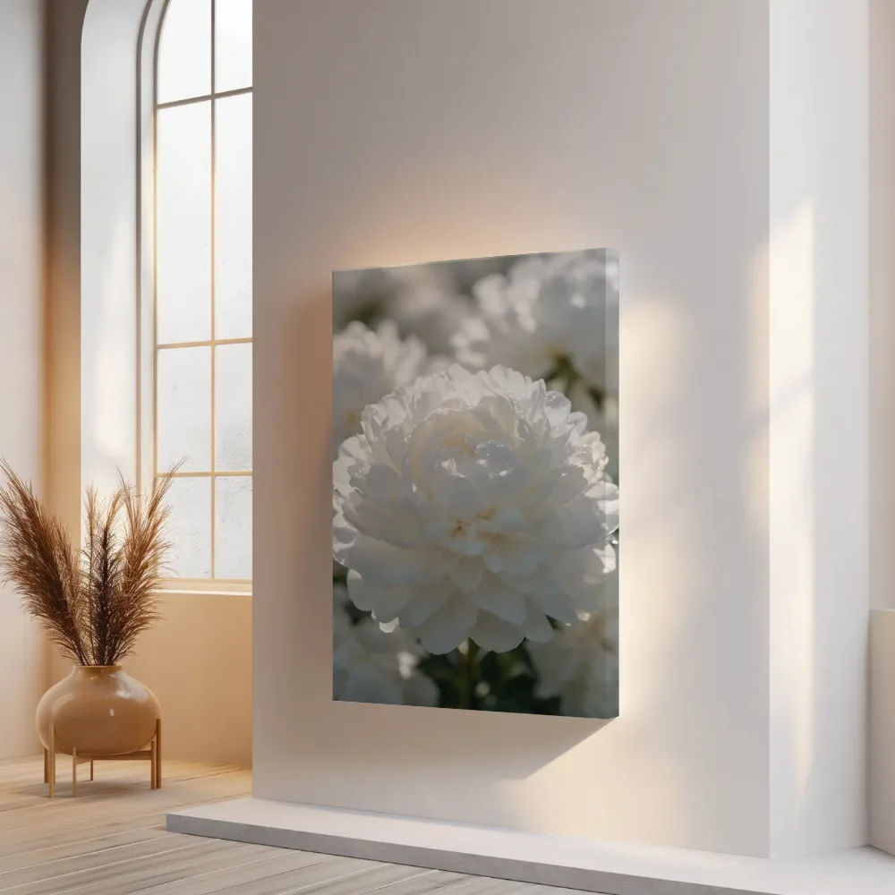Pioenroos in dauw, glinsterlicht, wit, canvas schilderij uit de collectie wit