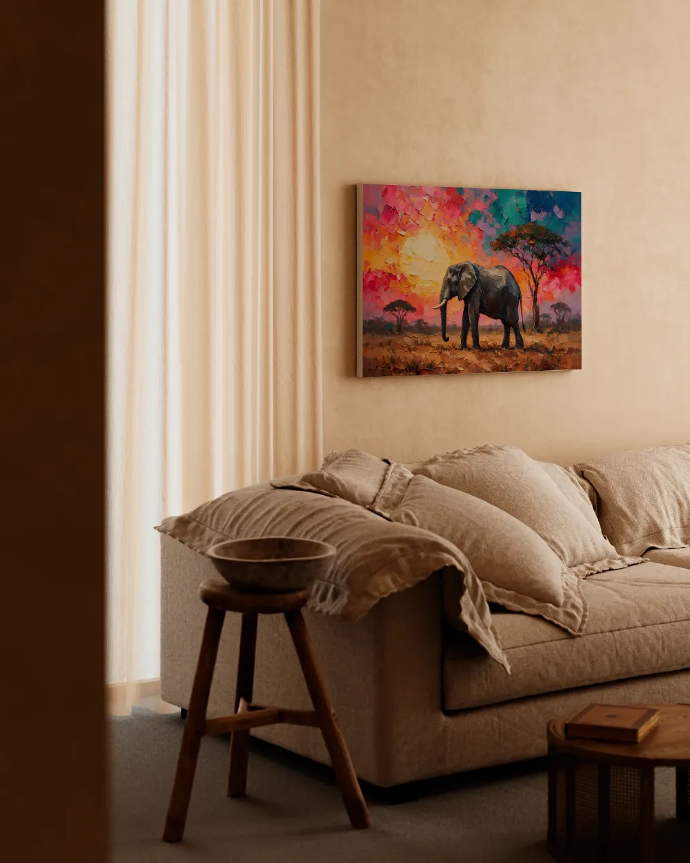 Olifant in donkere pose tussen de bomen, canvas schilderij uit de collectie woestijn & savanne