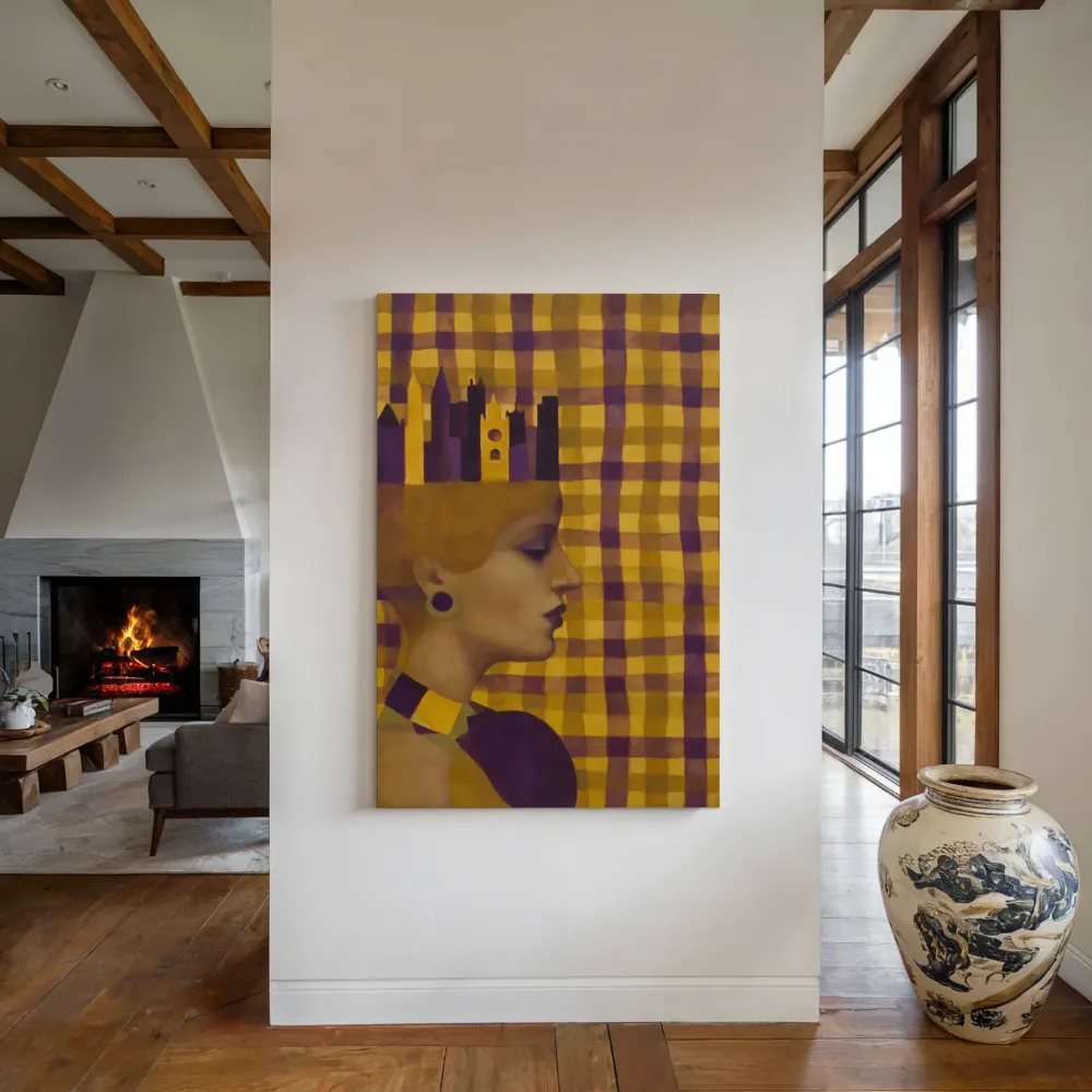 Wolkenkrabber in goudgeel en paars, canvas schilderij uit de collectie wolkenkrabbers
