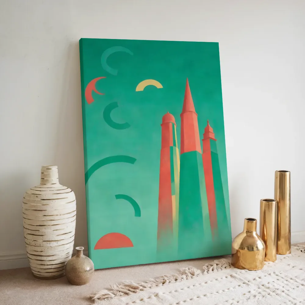 Wolkenkrabber in koraalrood en zeegroen, canvas schilderij uit de collectie wolkenkrabbers