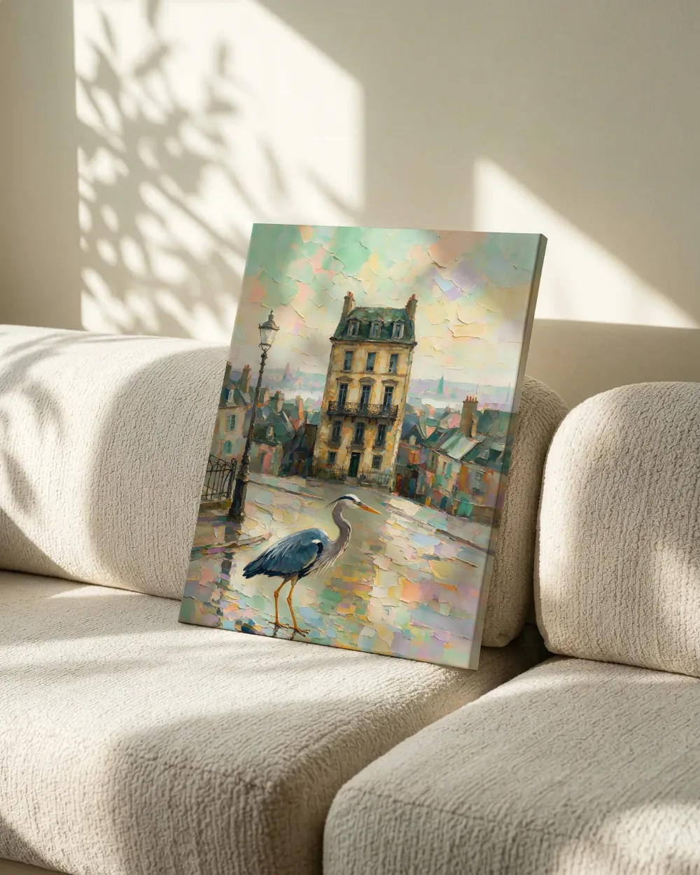 Parijse gevel licht in het volle beeld in de mist, canvas schilderij uit de collectie woonkamer schilderijen