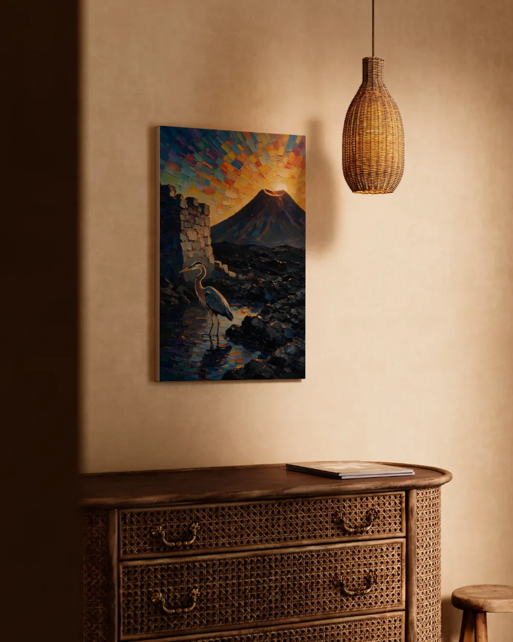Vulkaan in donker tegenlicht tegen een muur in de schaduw, canvas schilderij uit de collectie woonkamer schilderijen