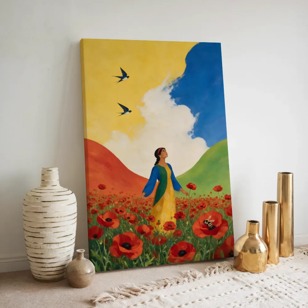 Klaprozenveld in vier heldere kleuren naast elkaar, canvas schilderij uit de collectie woonkamer schilderijen