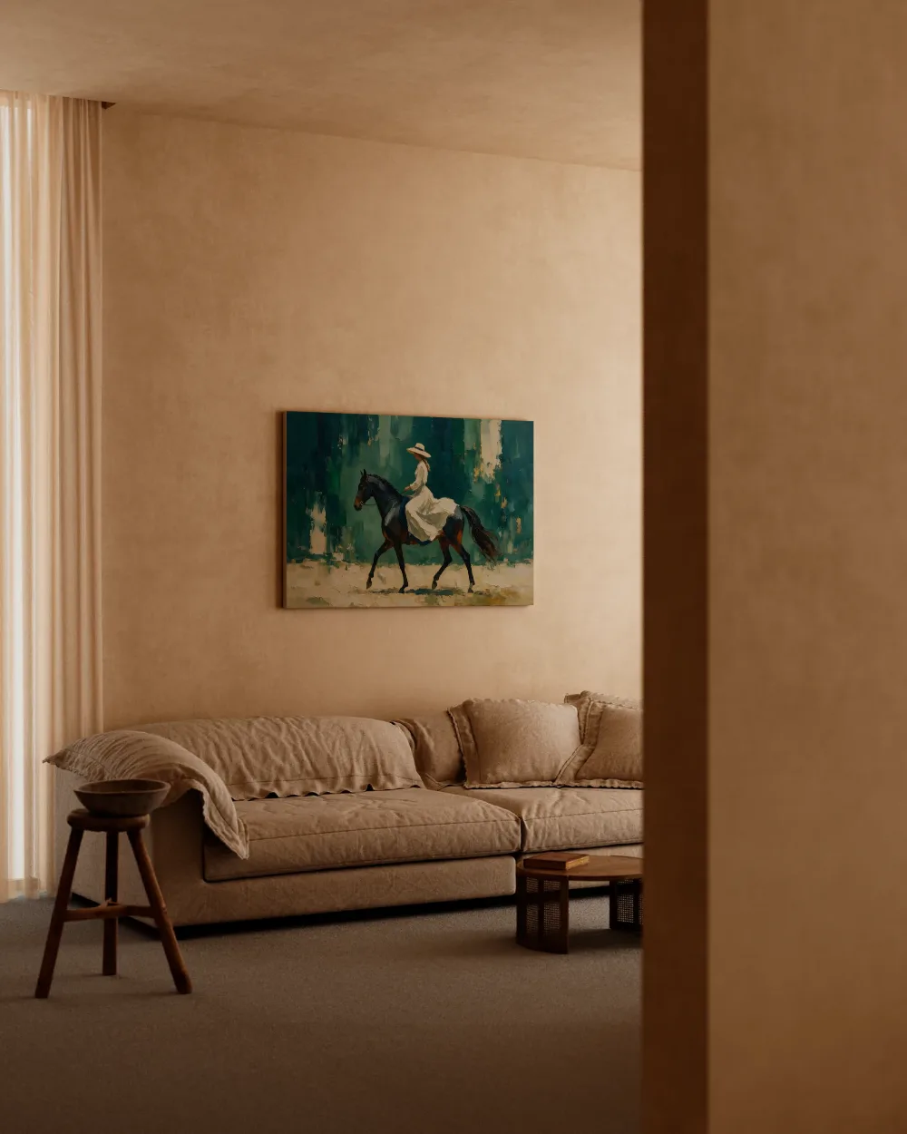 Vrouw te paard, olieverf in diepgroen, canvas schilderij uit de collectie woonkamer schilderijen