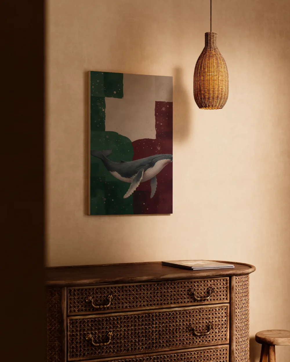 Walvis in bordeaux en bosgroen, canvas schilderij uit de collectie zeedieren
