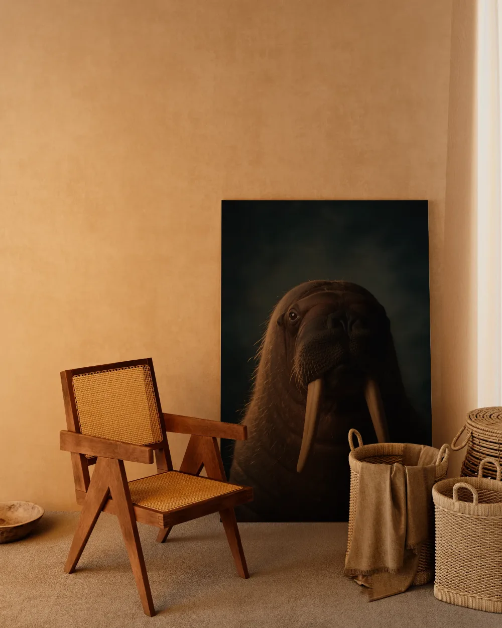 Walrus van voren in inktblauw, canvas schilderij uit de collectie zeedieren