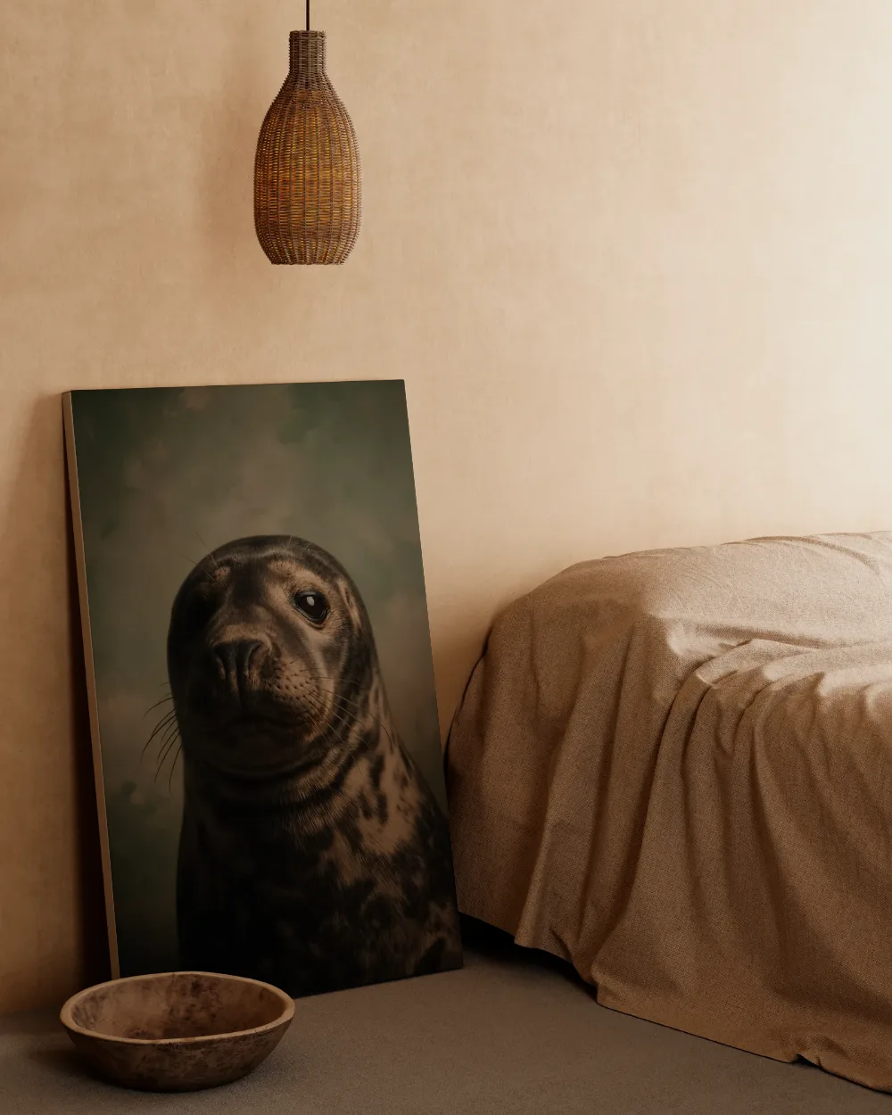 Grijze Zeehond van voren in salie, canvas schilderij uit de collectie zeedieren