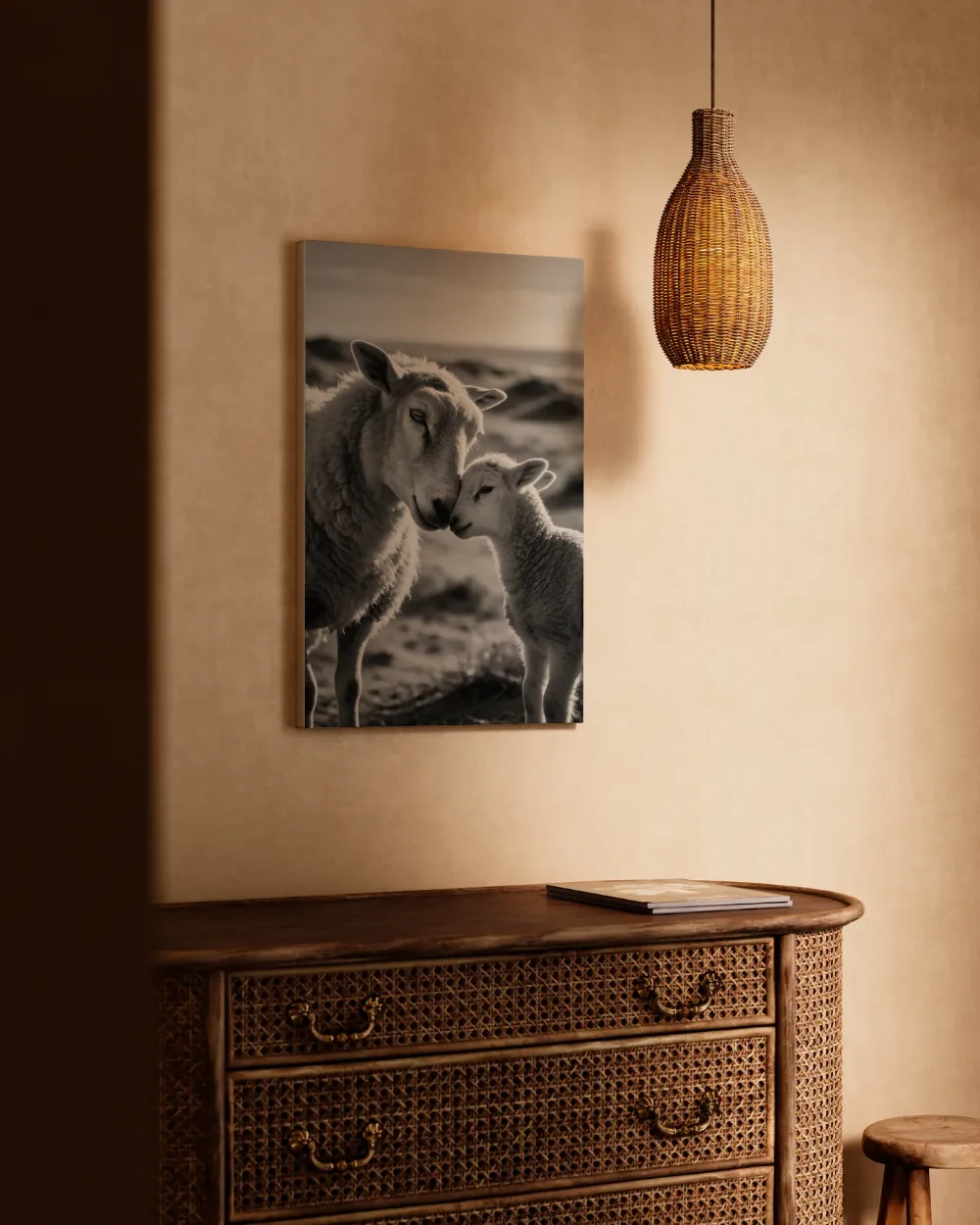 Schaap een teder moment, het felle tegenlicht van de ondergaande zon, canvas schilderij uit de collectie zilver