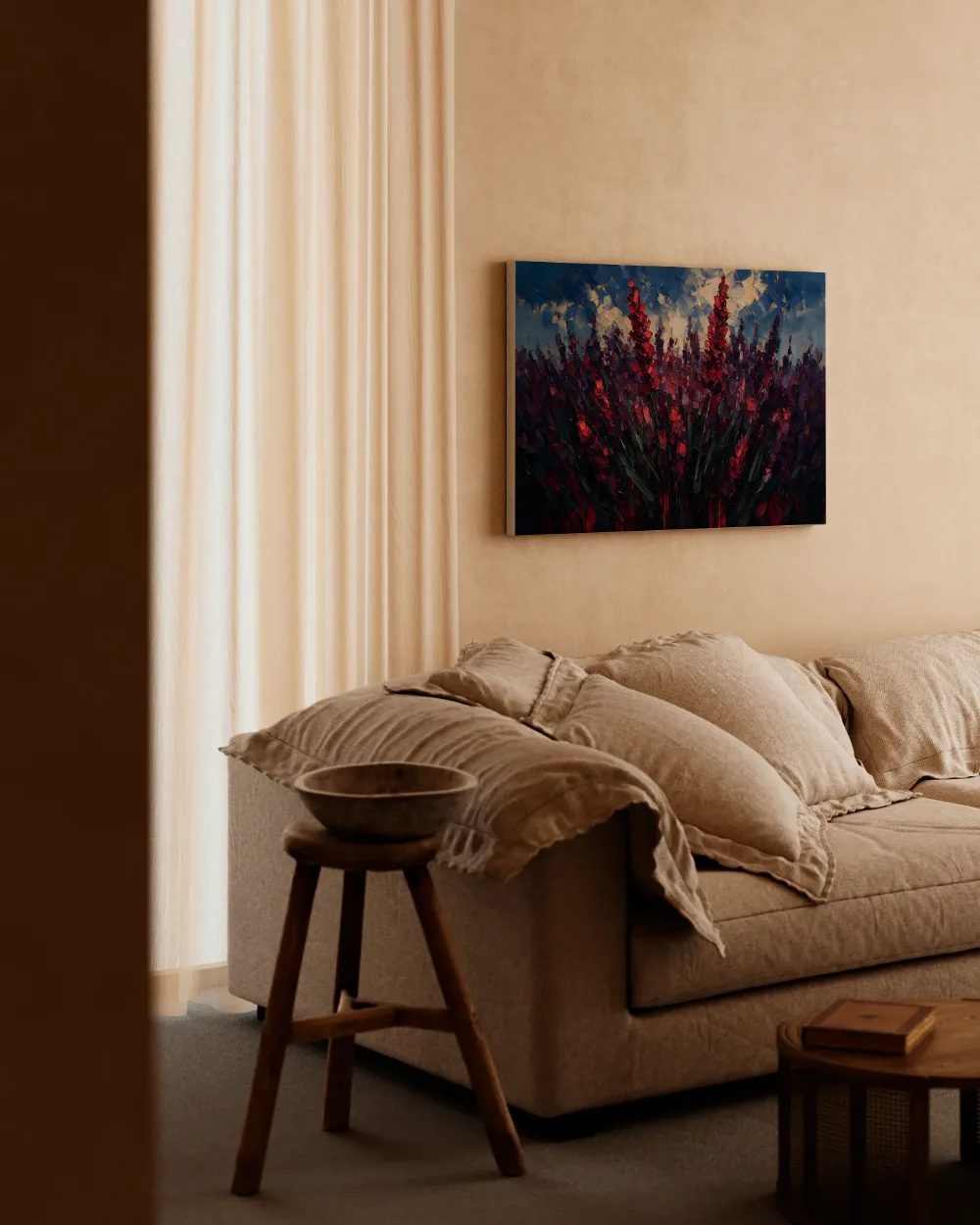 Lavendel tegen de lucht in karmozijn, canvas schilderij uit de collectie zomer