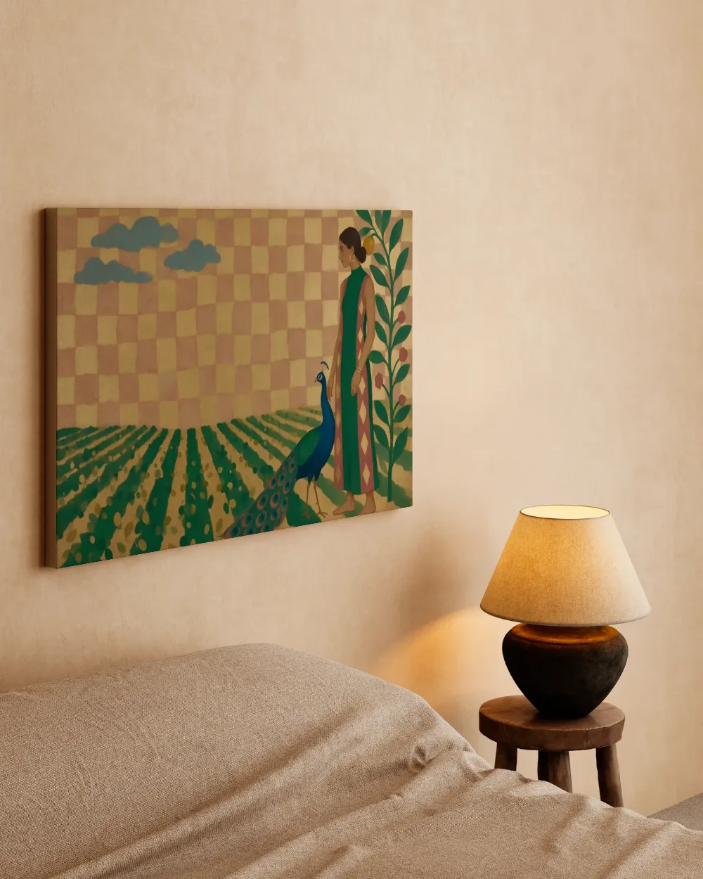 Wijngaard in smaragd en oud roze, canvas schilderij uit de collectie zomer