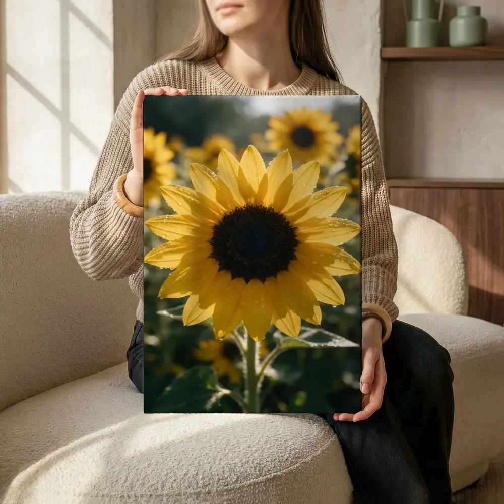 Zonnebloem in dauw, glinsterlicht, klassiek goudgeel, canvas schilderij uit de collectie zonnebloem