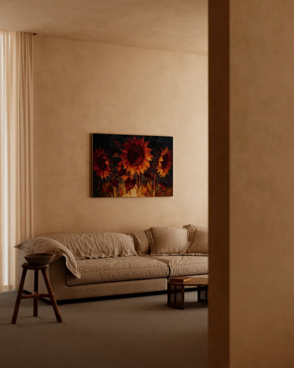 Zonnebloem van dichtbij in karmozijn, canvas schilderij uit de collectie zonnebloem
