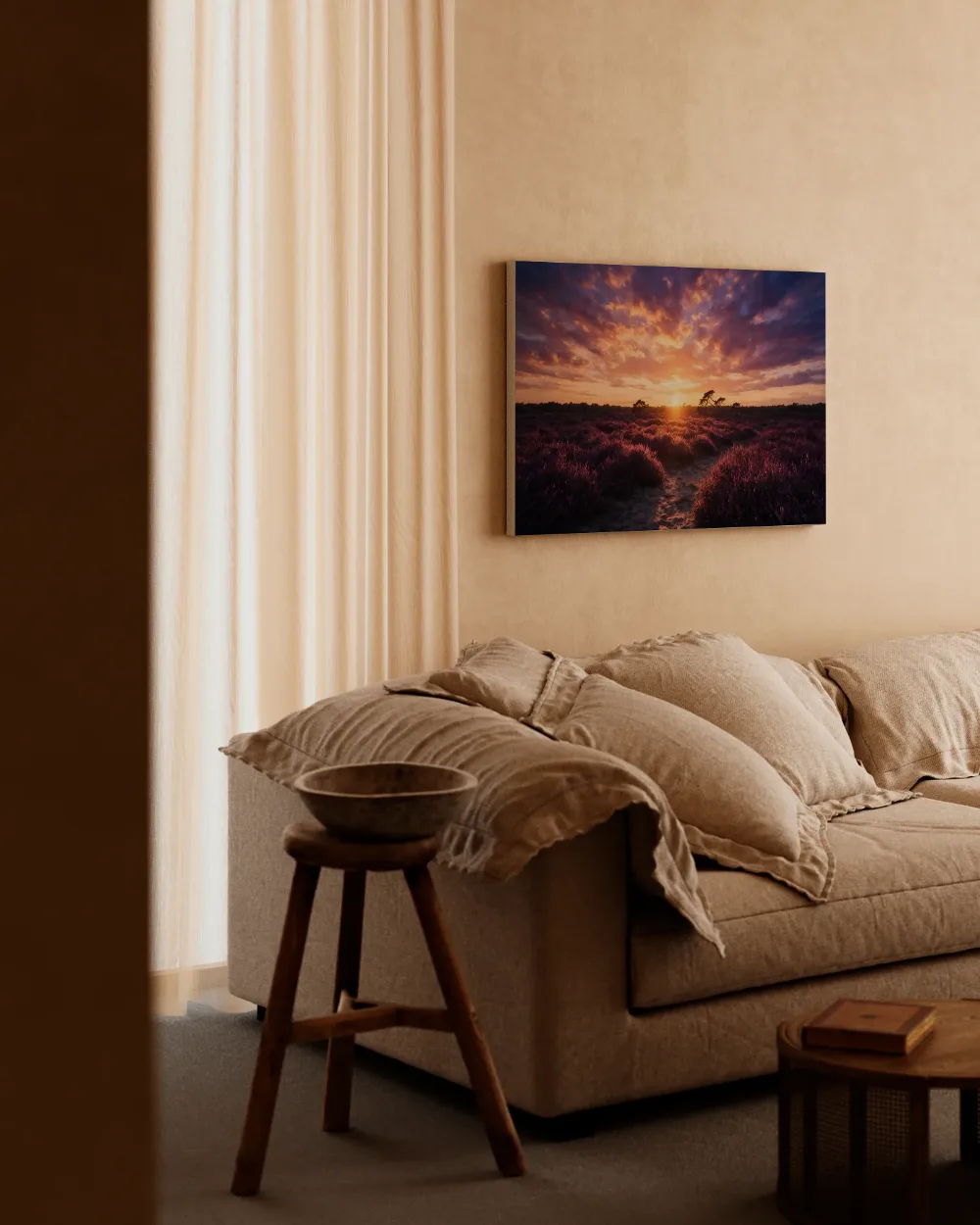 Heide zonsondergang in het gouden uur, canvas schilderij uit de collectie zonsopkomst & zonsondergang