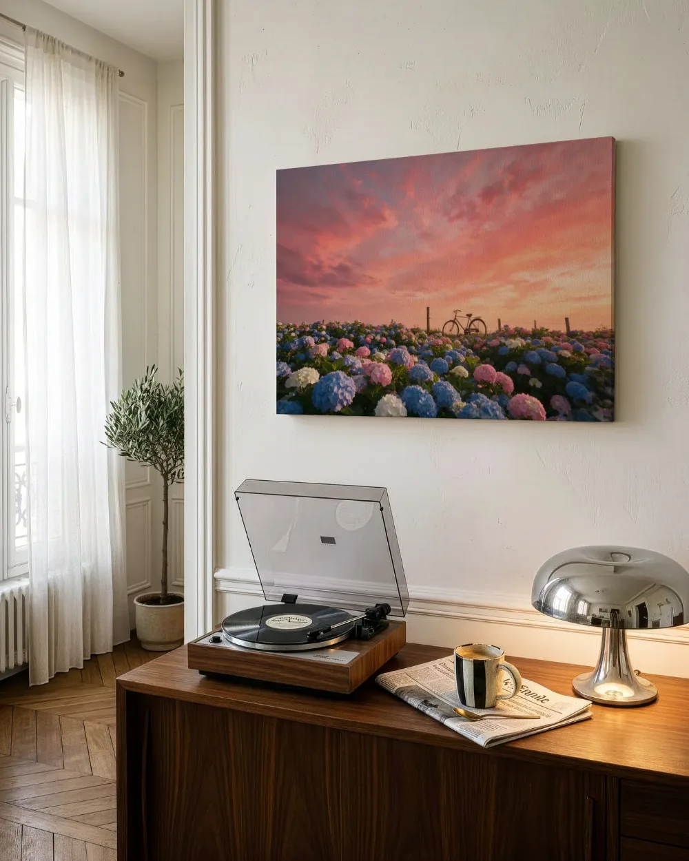 Hortensia bij de zonsondergang 2, canvas schilderij uit de collectie zonsopkomst & zonsondergang