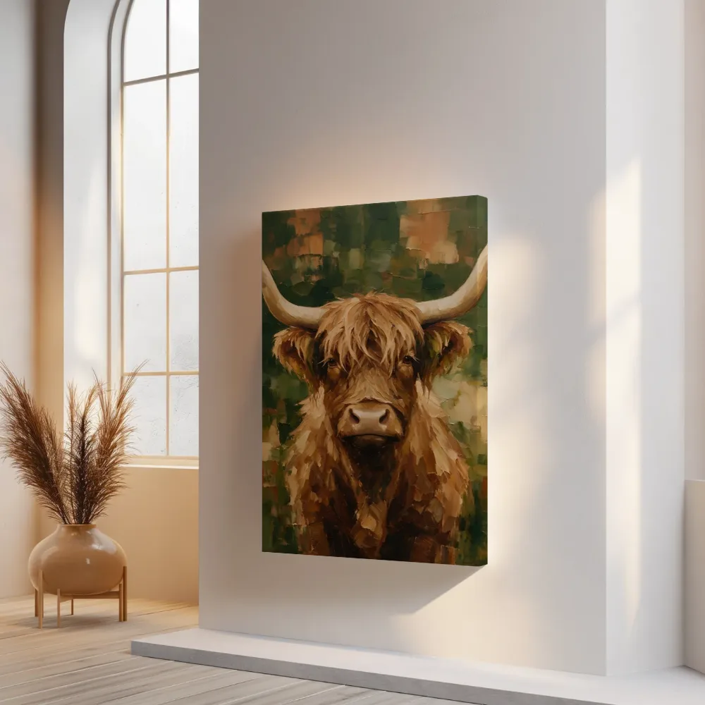 Donkere hooglander in aardetinten, canvas schilderij uit de collectie zoogdieren