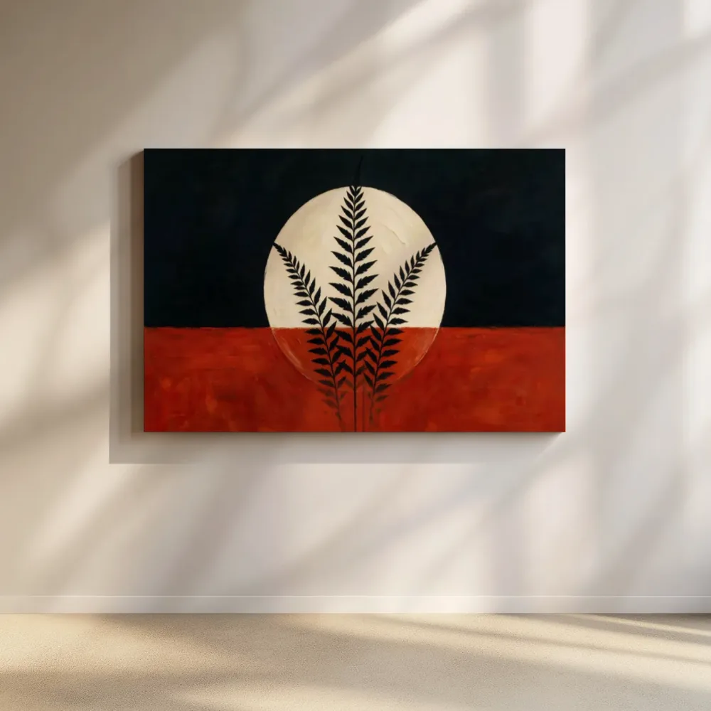 Cirkel met bladsilhouet Retro Shapes in inktzwart 2, canvas schilderij uit de collectie zwart
