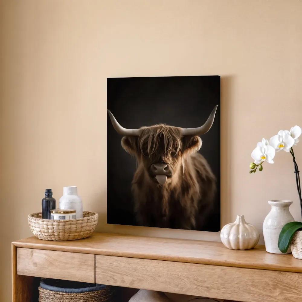 Hooglander steekt zijn tong uit in diepzwart, canvas schilderij uit de collectie zwart