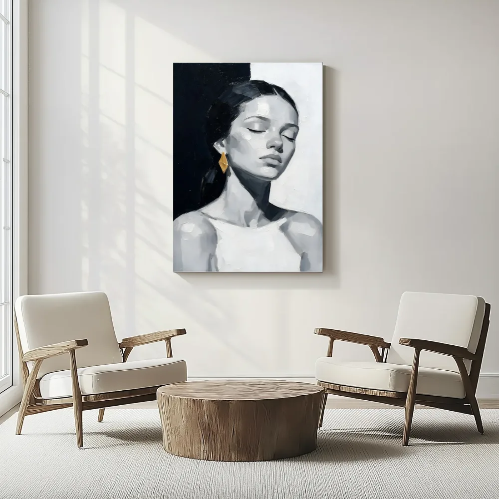 Portret met gesloten ogen, olieverf in diep ravenzwart en parelmoer, canvas schilderij uit de collectie zwart-wit