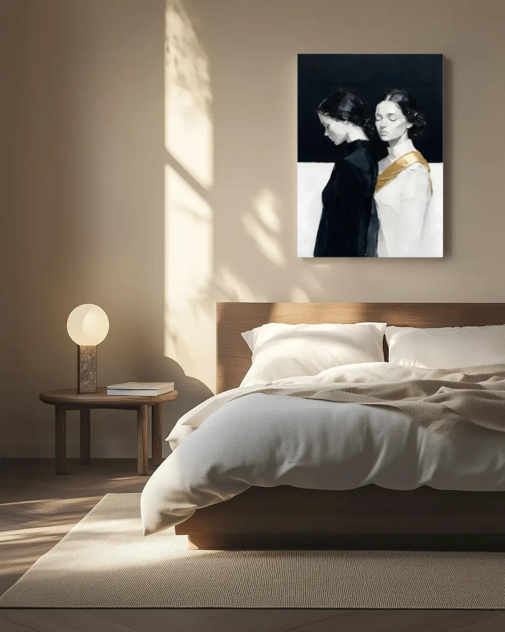 Twee vrouwen, olieverf in diep ravenzwart en parelmoer, canvas schilderij uit de collectie zwart-wit