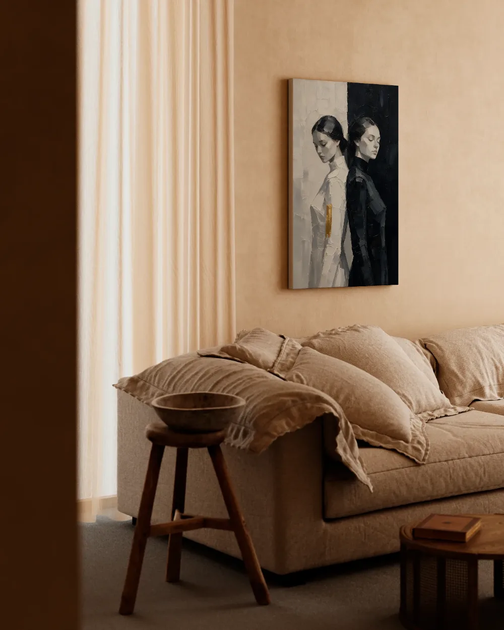 Twee vrouwen, olieverf in ravenzwart en parelmoer, canvas schilderij uit de collectie zwart-wit